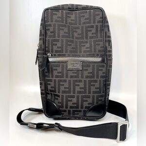 Fendi: FF Jacquard One Shoulder Sling Travel Backpack Grey & Black Bag Italy